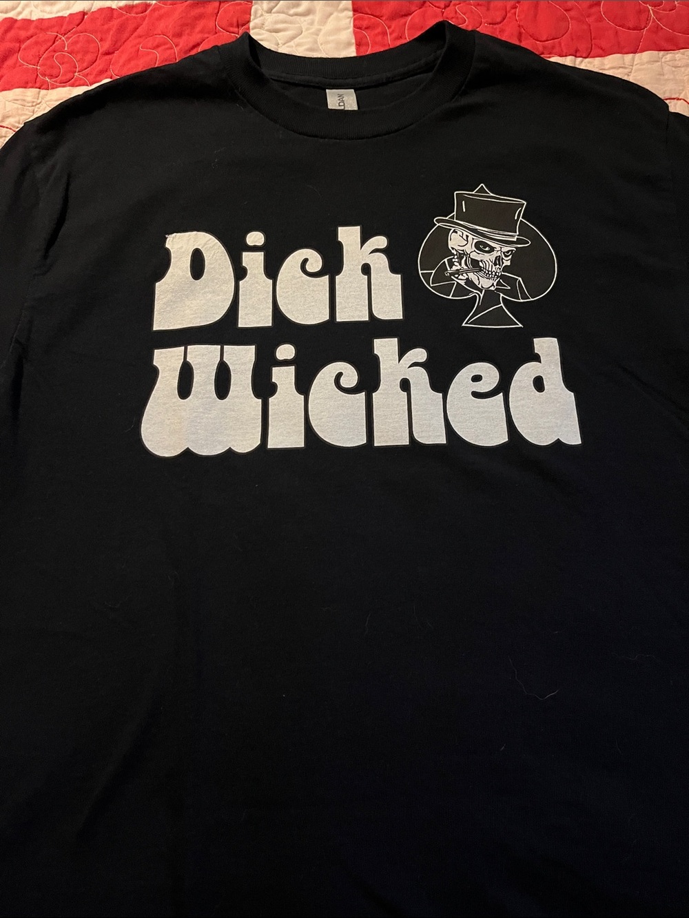Gildan Black Tee with Bold White "Dick Wicked" Skull Graphic